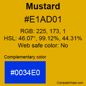 Example of Mustard color or HTML color code #E1AD01 with complementary color #0034E0.