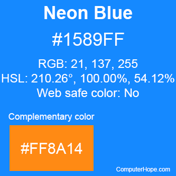 Example of Neon Blue color or HTML color code #1589FF with complementary color #FF8A14.