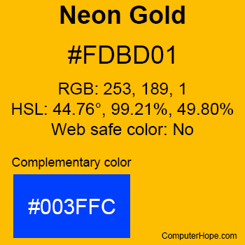 Example of Neon Gold color or HTML color code #FDBD01 with complementary color #003FFC.