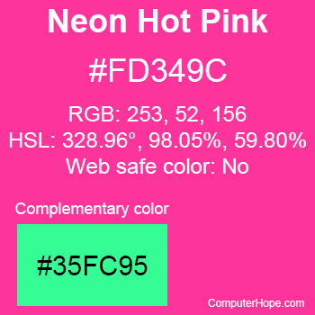 Example of Neon Hot Pink color or HTML color code #FD349C with complementary color #35FC95.