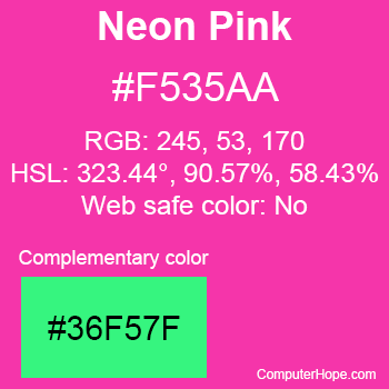 Example of Neon Pink color or HTML color code #F535AA with complementary color #36F57F.