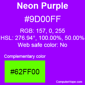 Example of Neon Purple color or HTML color code #9D00FF with complementary color #62FF00.