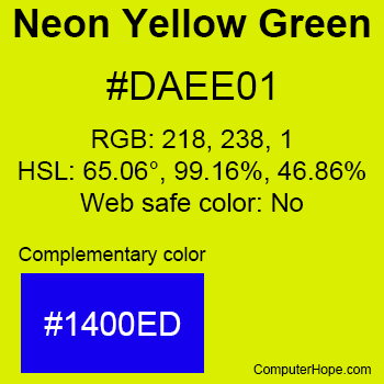 Example of Neon Yellow Green color or HTML color code #DAEE01 with complementary color #1400ED.