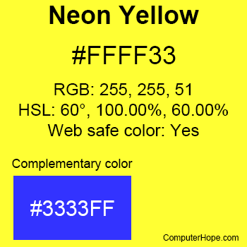 Example of Neon Yellow color or HTML color code #FFFF33 with complementary color #3333FF.