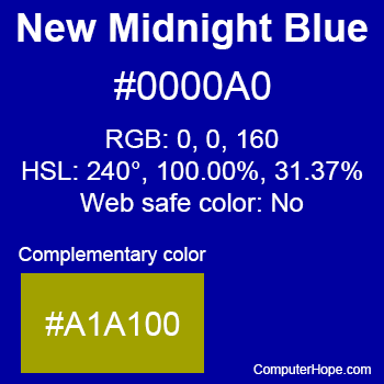 Example of New Midnight Blue color or HTML color code #0000A0.