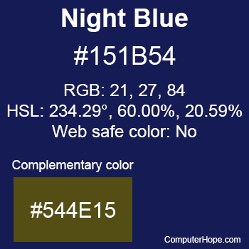 Example of Night Blue color or HTML color code #151B54 with complementary color #544E15.
