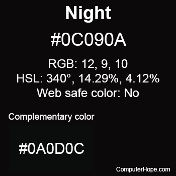 Example of Night color or HTML color code #0C090A.