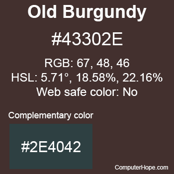 Example of Old Burgundy color or HTML color code #43302E with complementary color #2E4042.