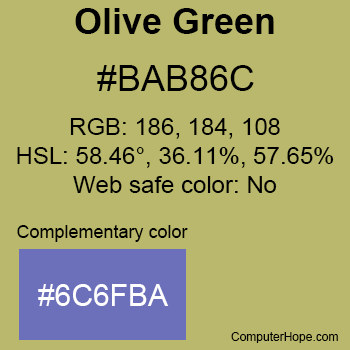 Example of Olive Green color or HTML color code #BAB86C with complementary color #6C6FBA.