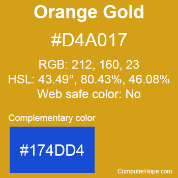 Example of Orange Gold color or HTML color code #D4A017 with complementary color #174DD4.