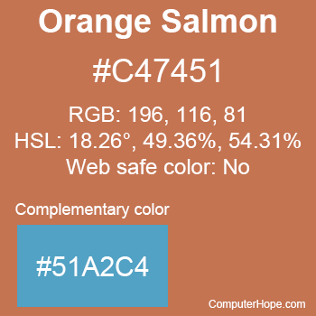 Example of Orange Salmon color or HTML color code #C47451 with complementary color #51A2C4.