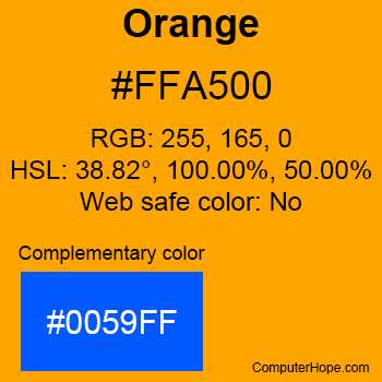 Example of Orange color or HTML color code #FFA500 with complementary color #0059FF.