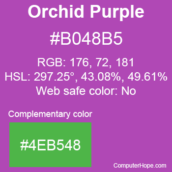 Example of Orchid Purple color or HTML color code #B048B5 with complementary color #4EB548.