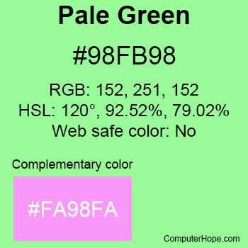 Example of PaleGreen color or HTML color code #98FB98 with complementary color #FA98FA.