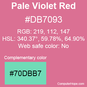 Example of PaleVioletRed color or HTML color code #DB7093 with complementary color #70DBB7.