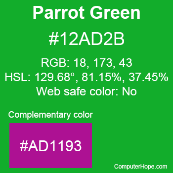 Example of Parrot Green color or HTML color code #12AD2B with complementary color #AD1193.