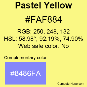 Example of Pastel Yellow color or HTML color code #FAF884 with complementary color #8486FA.