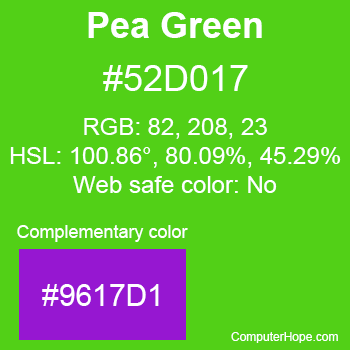 Example of Pea Green color or HTML color code #52D017 with complementary color #9617D1.