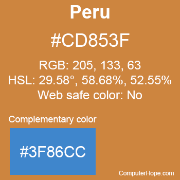 Example of Peru color or HTML color code #CD853F with complementary color #3F86CC.