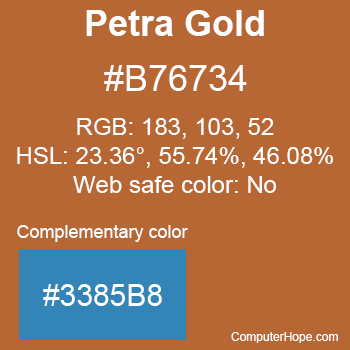 Example of Petra Gold color or HTML color code #B76734 with complementary color #3385B8.