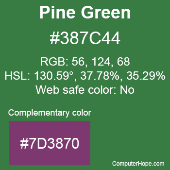 Example of Pine Green color or HTML color code #387C44 with complementary color #7D3870.