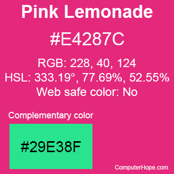 Example of Pink Lemonade color or HTML color code #E4287C with complementary color #29E38F.