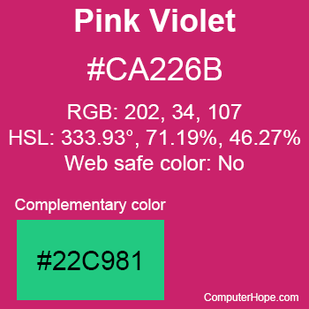 Example of Pink Violet color or HTML color code #CA226B with complementary color #22C981.
