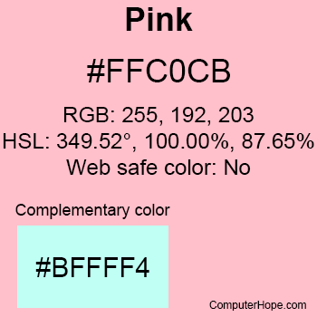 Pink color with the HTML color code, RGB, and HSL values and that it's not a web safe color.