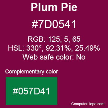 Example of Plum Pie color or HTML color code #7D0541 with complementary color #057D41.