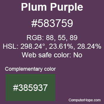 Example of Plum Purple color or HTML color code #583759 with complementary color #385937.