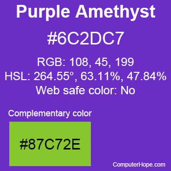 Example of Purple Amethyst color or HTML color code #6C2DC7 with complementary color #87C72E.
