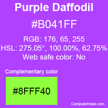 Example of Purple Daffodil color or HTML color code #B041FF with complementary color #8FFF40.