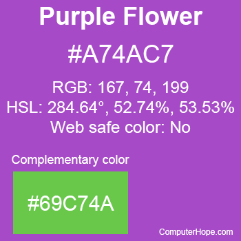 Example of Purple Flower color or HTML color code #A74AC7 with complementary color #69C74A.