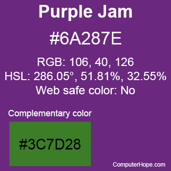 Example of Purple Jam color or HTML color code #6A287E with complementary color #3C7D28.
