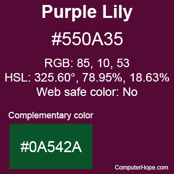 Example of Purple Lily color or HTML color code #550A35 with complementary color #0A542A.
