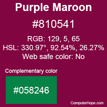 Example of Purple Maroon color or HTML color code #810541 with complementary color #058246.
