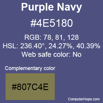 Example of Purple Navy color or HTML color code #4E5180 with complementary color #807C4E.
