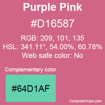 Example of Purple Pink color or HTML color code #D16587 with complementary color #64D1AF.