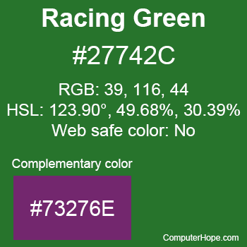 Example of Racing Green color or HTML color code #27742C with complementary color #73276E.