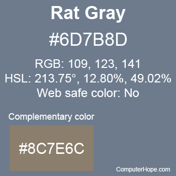 Example of Rat Gray color or HTML color code #6D7B8D with complementary color #8C7E6C.