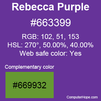 Example of RebeccaPurple color or HTML color code #663399 with complementary color #669932.