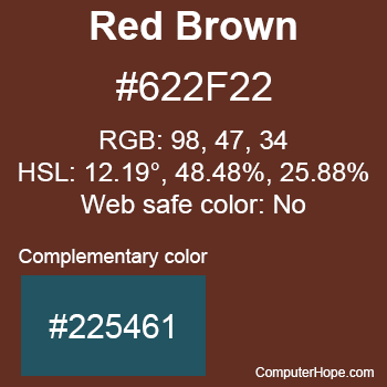 Example of Red Brown color or HTML color code #622F22 with complementary color #225461.