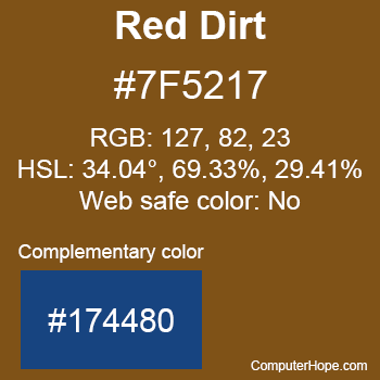 Example of Red Dirt color or HTML color code #7F5217 with complementary color #174480.