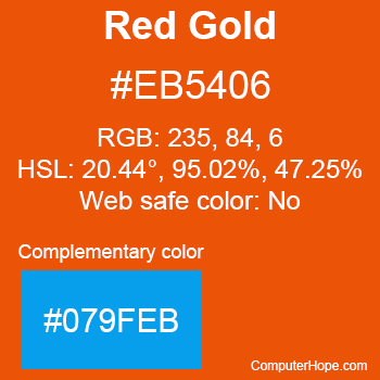 Example of Red Gold color or HTML color code #EB5406 with complementary color #079FEB.