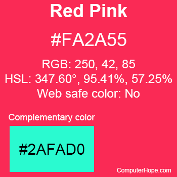 Example of Red Pink color or HTML color code #FA2A55 with complementary color #2AFAD0.