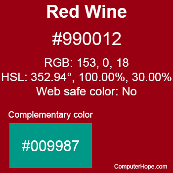 Example of Red Wine or Wine Red color or HTML color code #990012 with complementary color #009987.