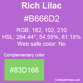 Example of Rich Lilac color or HTML color code #B666D2 with complementary color #83D166.