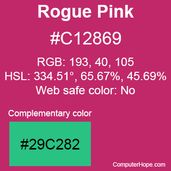 Example of Rogue Pink color or HTML color code #C12869 with complementary color #29C282.