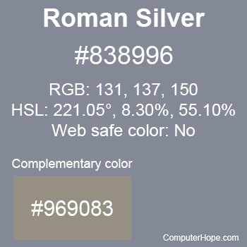 Example of Roman Silver color or HTML color code #838996 with complementary color #969083.