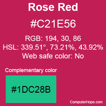 Example of Rose Red color or HTML color code #C21E56 with complementary color #1DC28B.